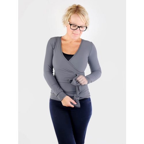 Tie Front Grey Wrap Top with Long Sleeve